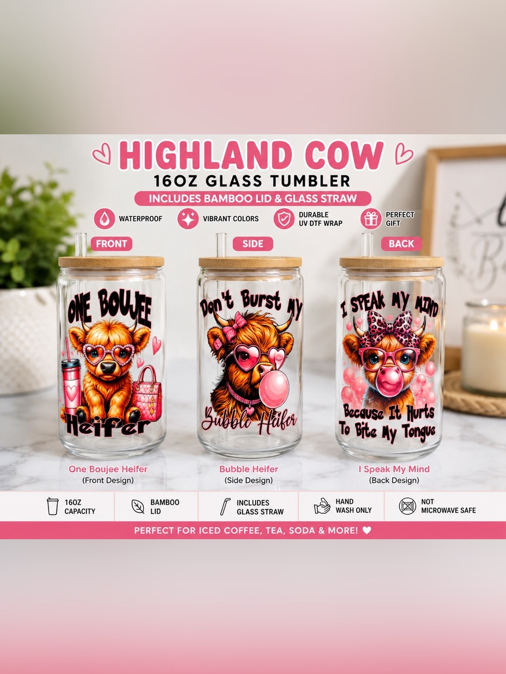 16oz Highland Cow Glass Tumbler | Funny Cow
